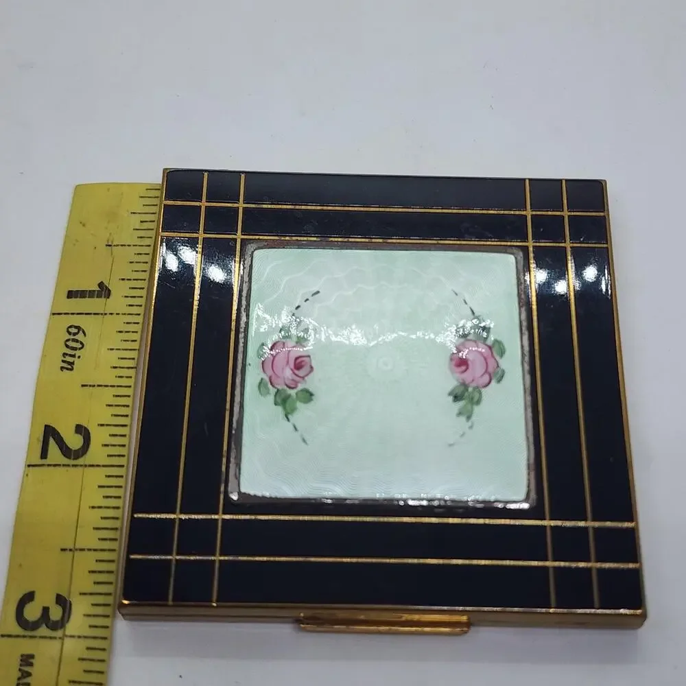 Vintage Shields Guilloche Enamel Rose Powder Compact Black Art Deco Mirror Case
